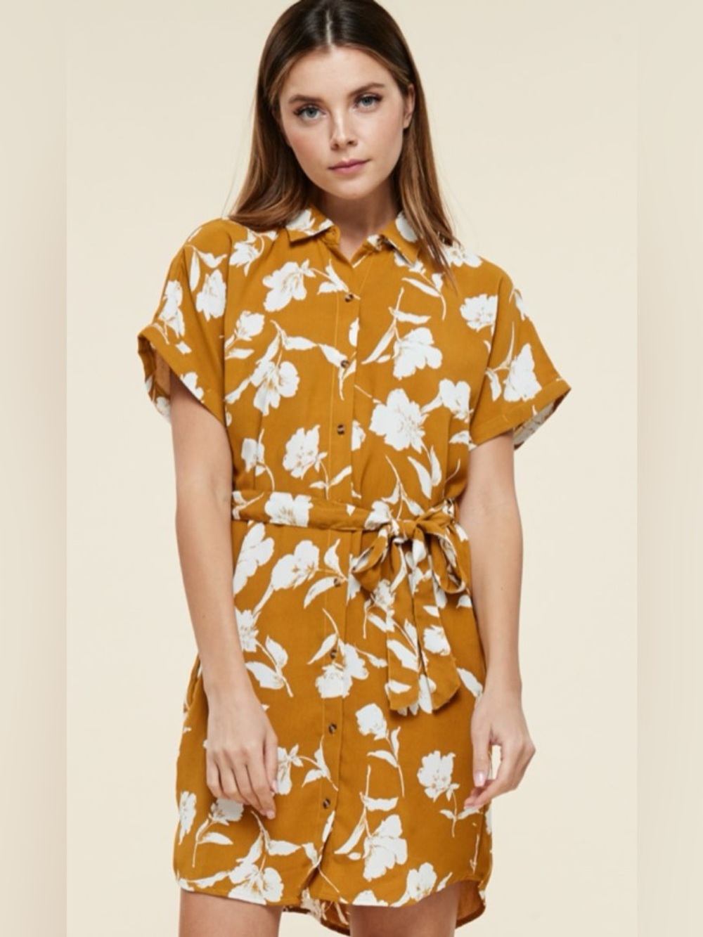 BOGO Staccato Mustard Yellow Floral Tie-Waist Mini Dress